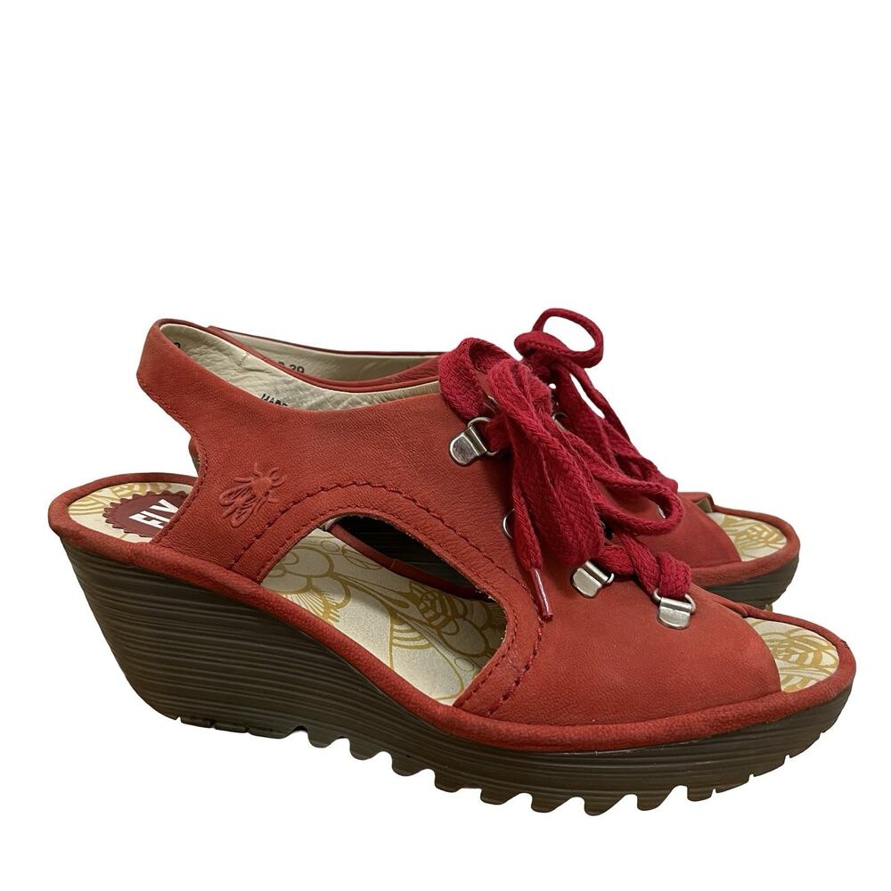 Fly London Womens Leather Lace‎ Up Peep Toe Wedge Sandals EU 39 US 8-8.5 Red